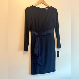 NWT Lauren Ralph Lauren LRL Navy Blue Long Sleeve Dress faux wrap satin sash